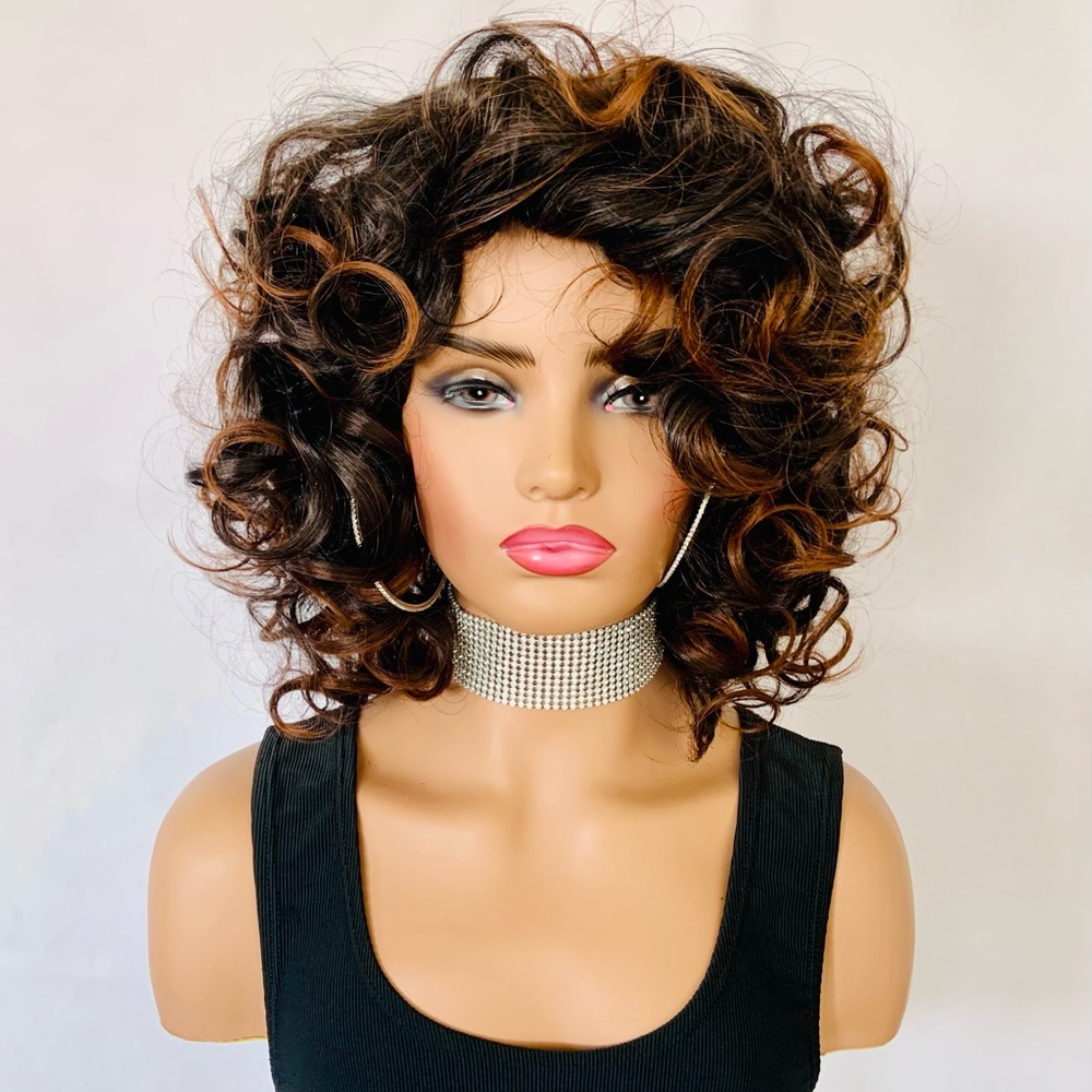 Curly Black & Auburn “Put On & Go” Premium Fiber Wig for Daily Wear or Events
